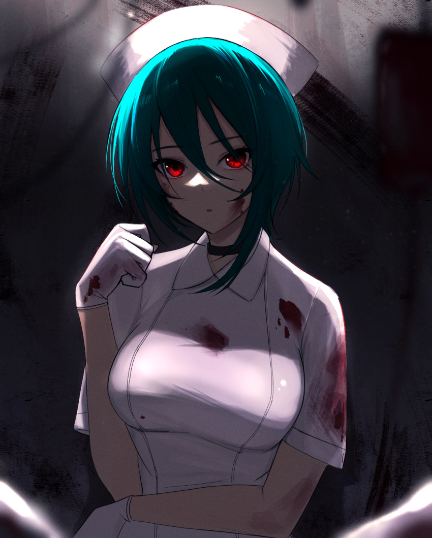 1girl, aqua_hair, black_choker, blood, blood_on_clothes, blood_on_face, blood_on_hands, blood_on_wall