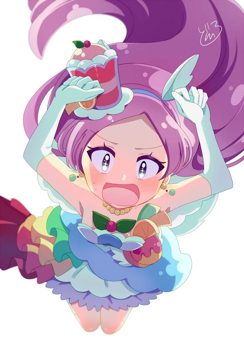 1girl, animal_ears, arms_up, bare_shoulders, berry, choker, commentary_request, cure_parfait
