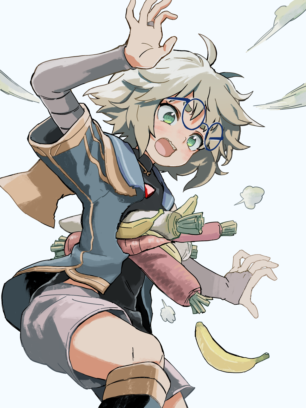 1boy, bag, banana, blue-framed_eyewear, blue_jacket, boots, carrot, commentary