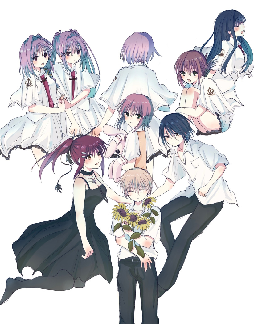 2boys, 6+girls, :d, black_choker, black_dress, black_hair, black_pants, blunt_bangs
