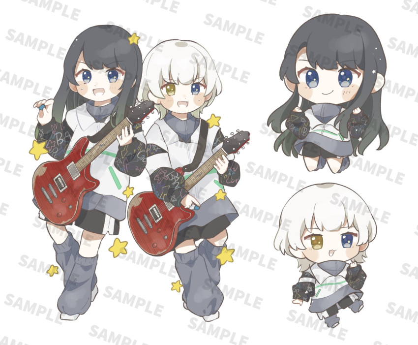 :3, aoki_hina, bang_dream!, bang_dream!_it's_mygo!!!!!, black_hair, black_shorts, blue_eyes, blush, chibi, closed_mouth, commentary_request, electric_guitar, fang, grey_leg_warmers, guitar, heterochromia, highres, holding, holding_guitar, holding_instrument, holding_plectrum, instrument, jacket, kaname_raana, leg_warmers, long_hair, long_sleeves, mitsuketa_keshiki_tazusaete, open_mouth, plectrum, real_life, sample_watermark, shorts, sidelocks, star_(symbol), star_in_eye, sweatdrop, symbol_in_eye, voice_actor_connection, watermark, white_background, white_hair, white_jacket, yachi_(m104yj), yellow_eyes