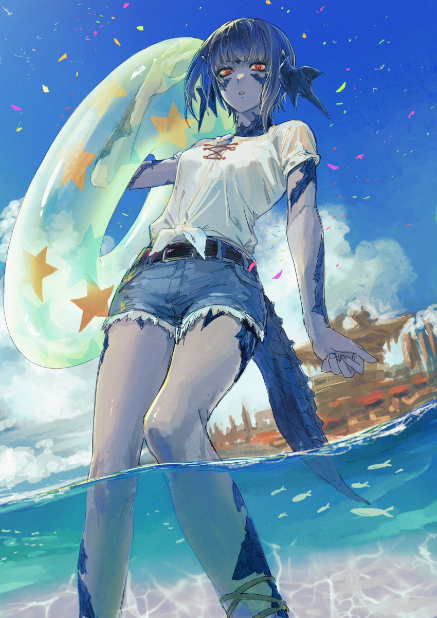 1girl, au_ra, blue_hair, blue_shorts, blue_skin, blue_sky, clouds, colored_skin, day, denim, denim_shorts, dragon_girl, dragon_horns, dragon_tail, feet_out_of_frame, final_fantasy, final_fantasy_xiv, from_below, front-tie_top, highres, holding, holding_swim_ring, horns, innertube, kurogorororo, looking_at_viewer, ocean, outdoors, parted_lips, partially_underwater_shot, red_eyes, scales, shirt, short_hair, short_sleeves, shorts, simple_bird, simple_fish, sky, solo, standing, swim_ring, tail, wading, warrior_of_light_(ff14), water, white_shirt