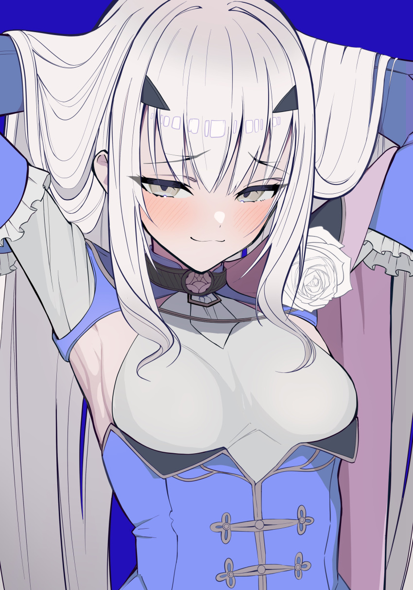 1girl, absurdres, armpits, blush, breasts, dragon_girl, fate/grand_order, fate_(series), highres, light_smile, long_hair, looking_at_viewer, melusine_(fate), melusine_(second_ascension)_(fate), small_breasts, uriuriyukitti, white_hair, yellow_eyes