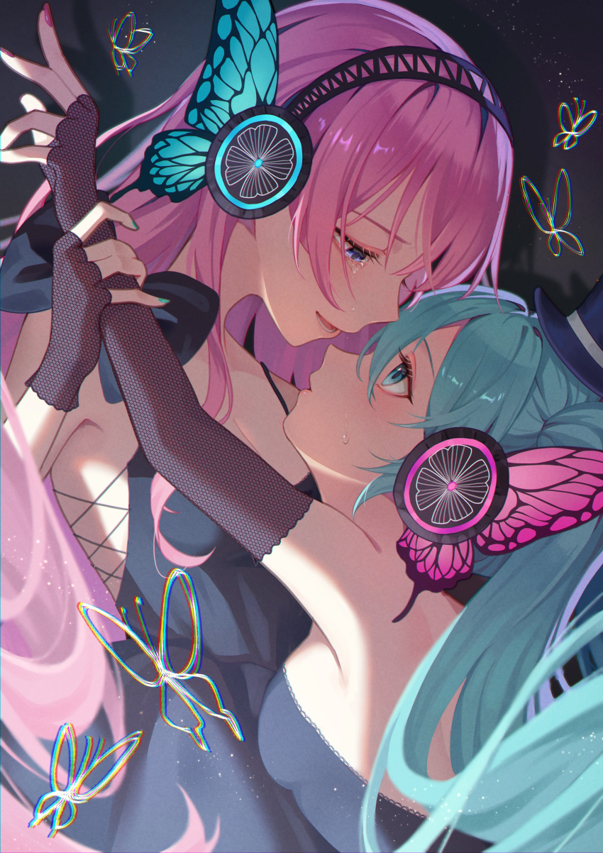 2girls, absurdres, black_gloves, blue_eyes, blue_hair, butterfly_wings, fingerless_gloves, gloves