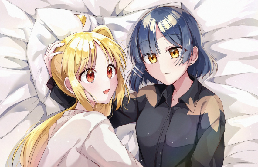 2girls, ahoge, black_shirt, blonde_hair, blue_hair, bocchi_the_rock!, collared_shirt, dark_blue_hair