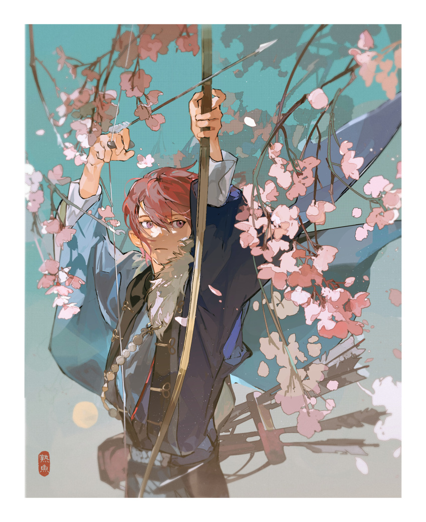 1boy, absurdres, archery, arms_up, arrow_(projectile), beads, border, bow_(weapon), branch, closed_mouth, dappled_sunlight, drawing_bow, ensemble_stars!, flower, fortune_banquet_(ensemble_stars!), frown, full_moon, fur_trim, gradient_sky, highres, holding, holding_bow_(weapon), holding_weapon, long_sleeves, male_focus, moon, pink_flower, plant, quiver, redhead, robe, short_hair, shule_de_yu, sideways_glance, sky, solo, sunlight, suou_tsukasa, upper_body, violet_eyes, weapon, wind