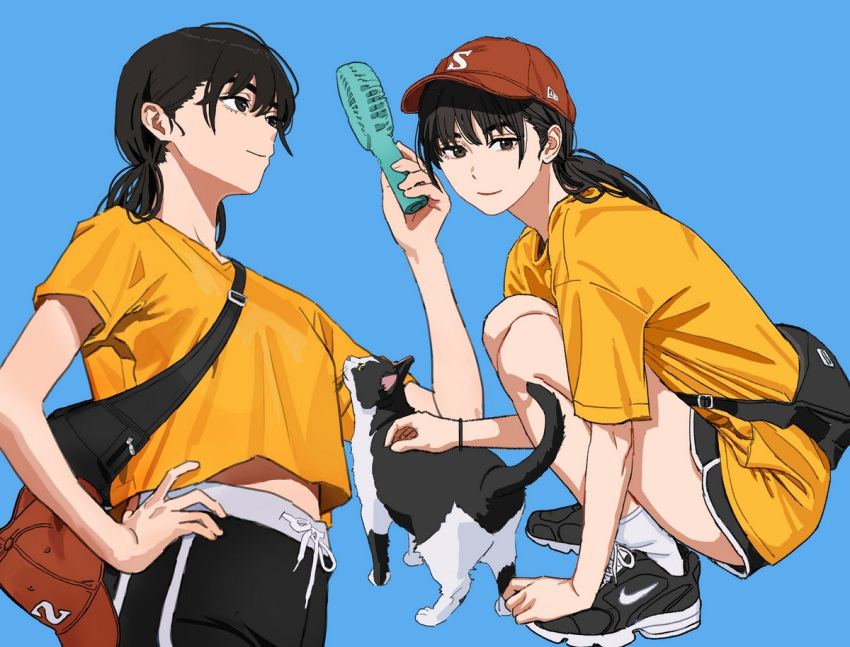1girl, alternate_costume, black_hair, black_shorts, blue_background, cat, chainsaw_man, dolphin_shorts