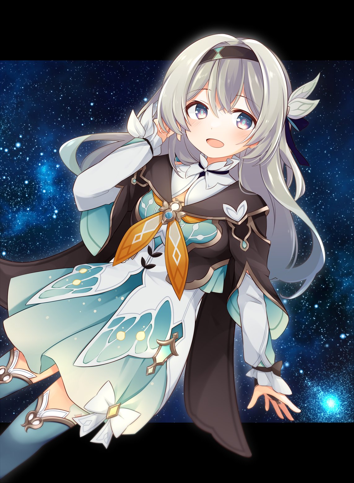 1girl, :d, black_hairband, collared_shirt, cowboy_shot, cropped_jacket, firefly_(honkai:_star_rail), frilled_sleeves