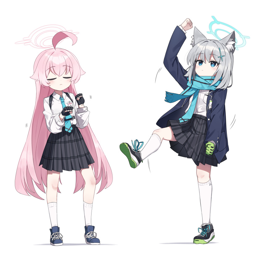 2girls, absurdres, ahoge, animal_ear_fluff, animal_ears, arm_up, black_footwear, black_gloves
