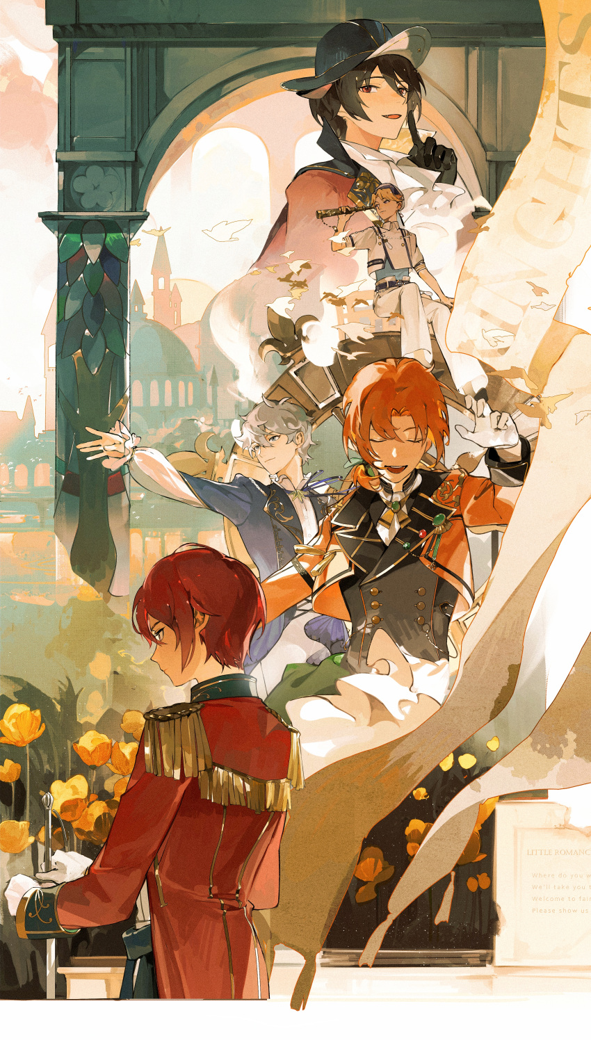 5boys, absurdres, animal_ears, architecture, back, black_gloves, black_hair, black_jacket, blonde_hair, blue_eyes, blue_jacket, cat_boy, cat_ears, closed_eyes, cropped_jacket, ensemble_stars!, epaulettes, flower_bush, gloves, grey_hair, hair_between_eyes, hat, highres, holding, holding_telescope, jacket, knights_(ensemble_stars!), long_sleeves, male_focus, meowsketeers_(ensemble_stars!), multiple_boys, multiple_views, narukami_arashi, orange_hair, orange_jacket, pants, red_eyes, red_jacket, redhead, sakuma_ritsu, sena_izumi_(ensemble_stars!), shirt, short_hair, shule_de_yu, silent_oath_(ensemble_stars!), suou_tsukasa, telescope, tsukinaga_leo, violet_eyes, white_gloves, white_jacket