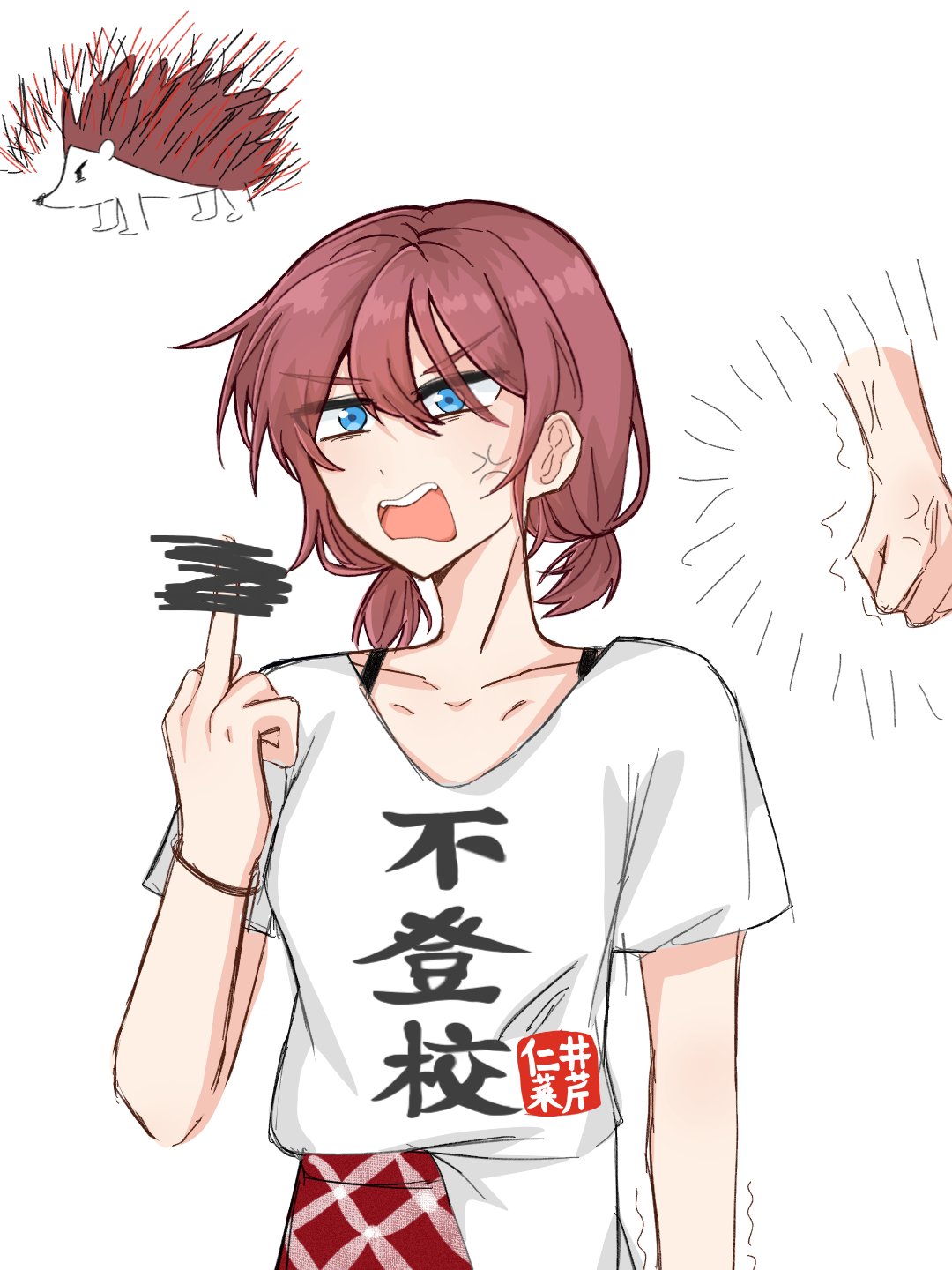 1girl, anger_vein, blue_eyes, brown_hair, censored, censored_gesture, collarbone, girls_band_cry