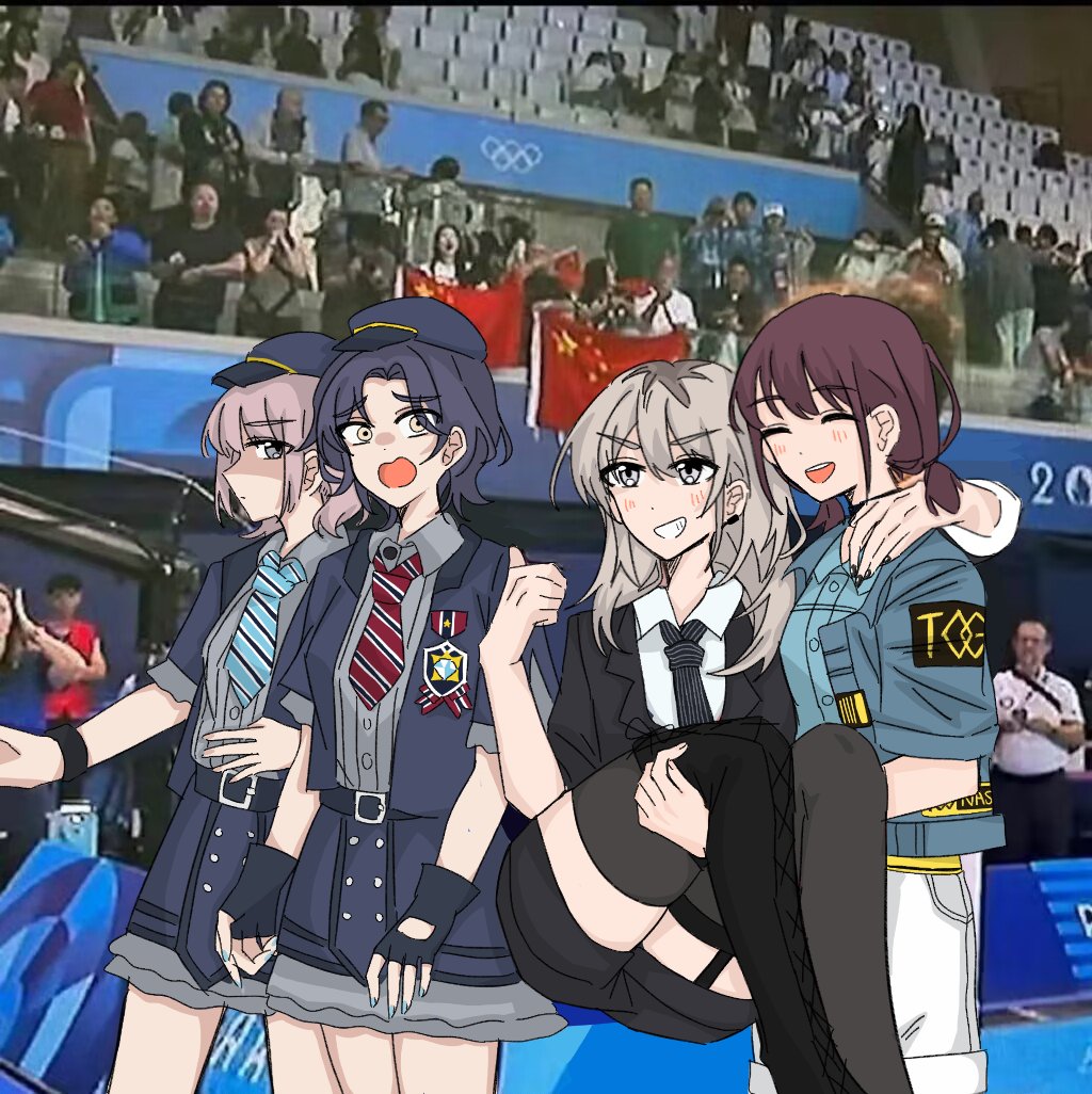 2024_summer_olympics, 4girls, belt, belt_buckle, black_footwear, black_jacket, black_nails, black_necktie