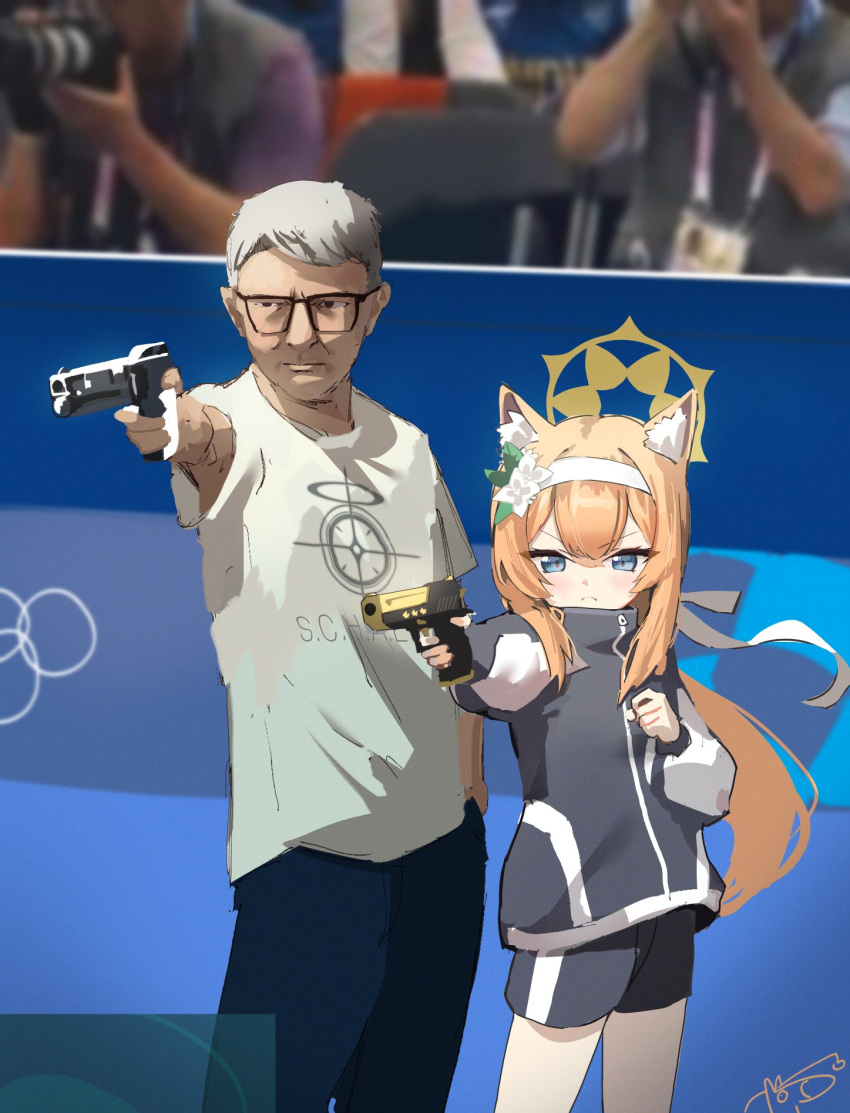 1boy, 1girl, 2024_summer_olympics, aiming, animal_ear_fluff, blue_archive, blue_eyes, cowboy_shot