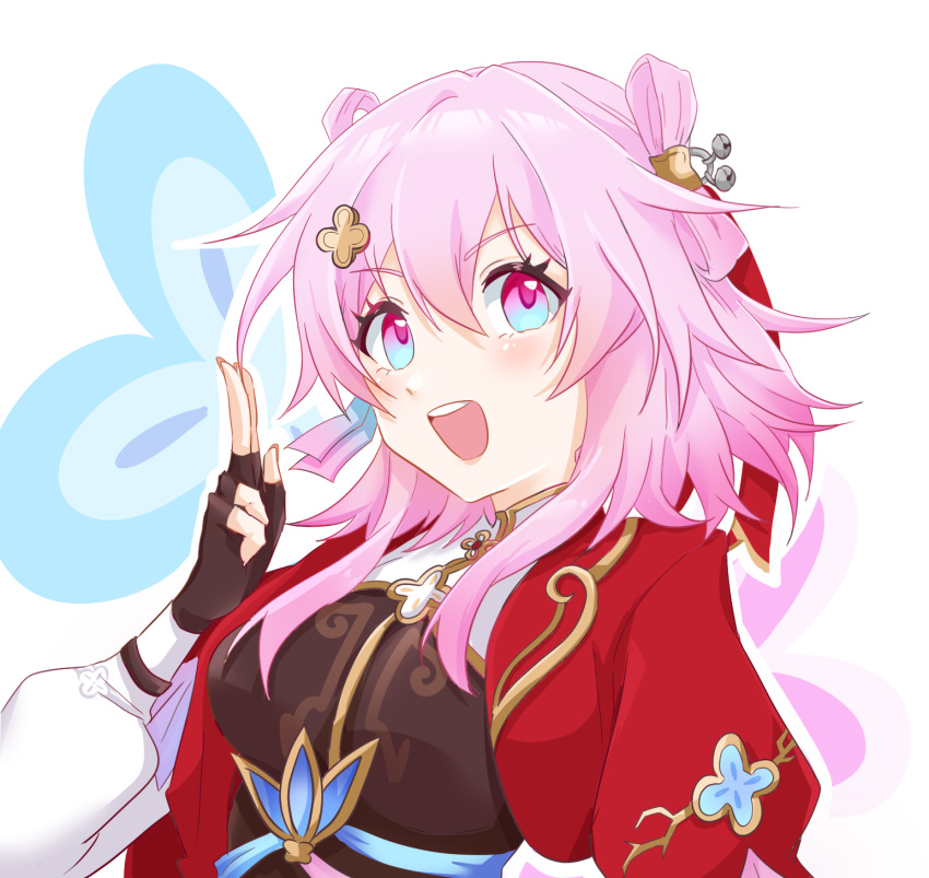 1girl, :d, bell, black_gloves, blue_eyes, breasts, chinese_commentary, fingerless_gloves, gloves, hair_bell, hair_ornament, hand_up, highres, honkai:_star_rail, honkai_(series), jacket, jingle_bell, looking_at_viewer, march_7th_(honkai:_star_rail), march_7th_(hunt)_(honkai:_star_rail), medium_breasts, medium_hair, mibo_(mibo_mibi), open_mouth, pink_eyes, pink_hair, red_jacket, shuangyaji, smile, solo, two-tone_eyes, upper_body, white_background