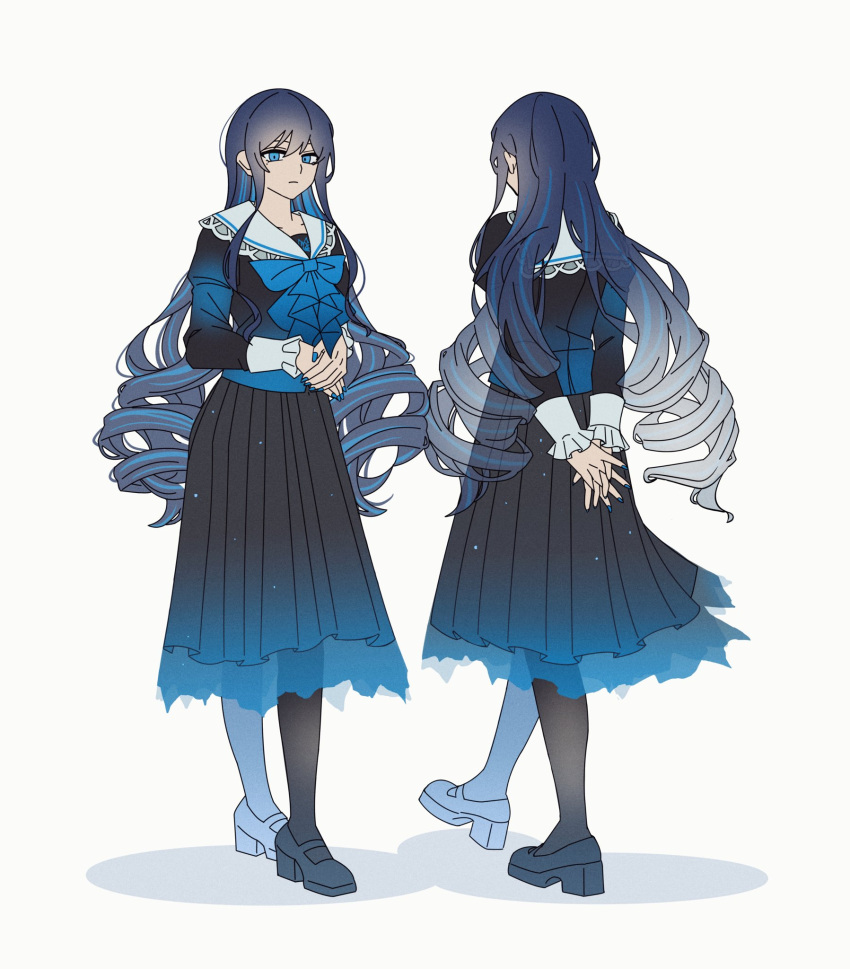 1girl, adapted_costume, ado_(utaite), black_shirt, black_skirt, blue_bow, blue_bowtie, blue_eyes