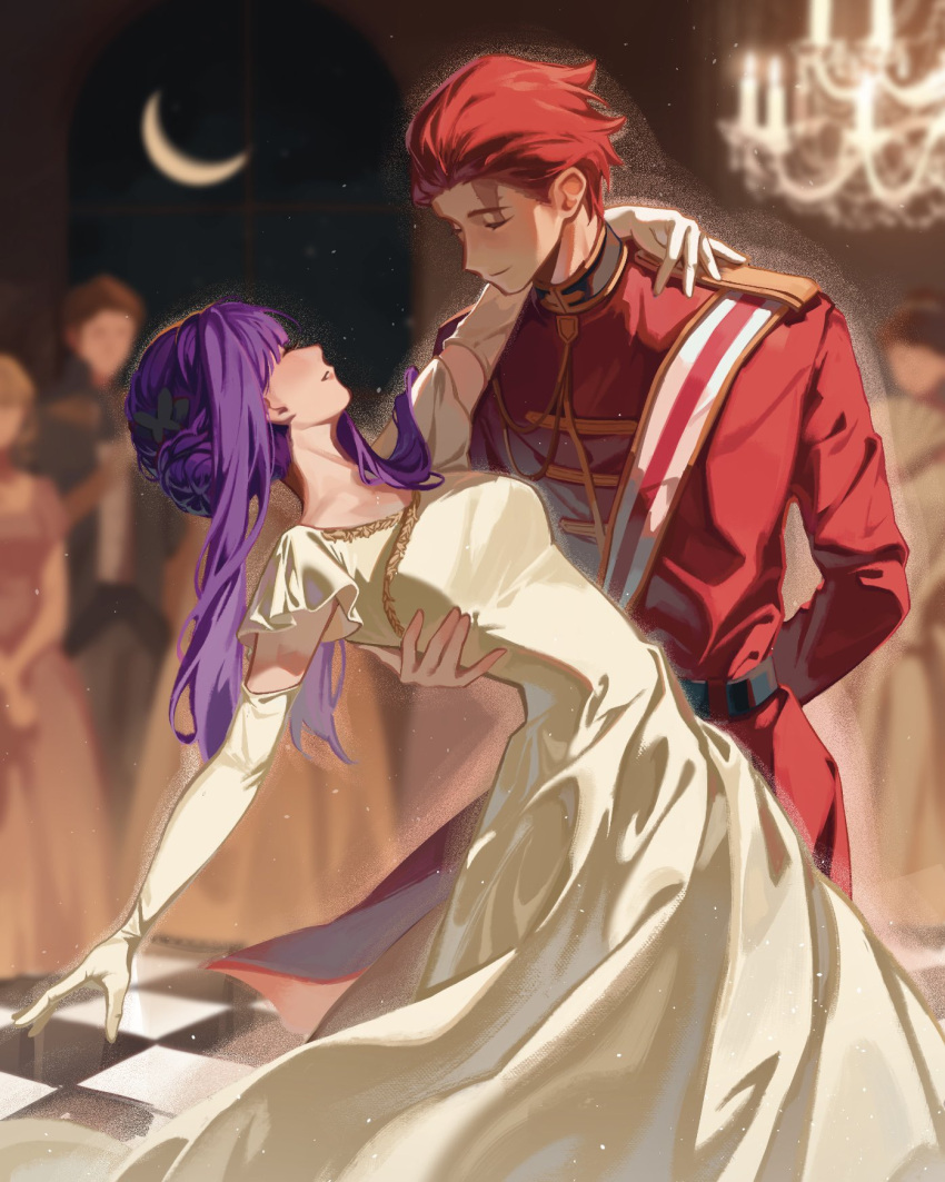 1boy, 1girl, arm_behind_back, blurry, blurry_background, chandelier, closed_mouth, coat, dancing, dress, elbow_gloves, english_commentary, fern_(sousou_no_frieren), gloves, hair_bun, hair_slicked_back, highres, leaning_back, long_hair, military_uniform, moon, mumechi, official_alternate_costume, open_clothes, purple_hair, red_coat, redhead, scar, scar_on_face, scar_on_forehead, short_hair, shoulder_boards, sidelocks, sousou_no_frieren, stark_(sousou_no_frieren), tile_floor, tiles, uniform, white_dress