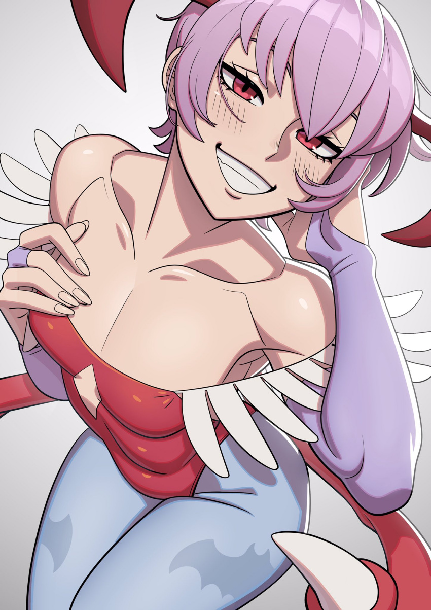1girl, animal_print, arm_behind_head, awawawaart, bare_shoulders, bat_print, bat_wings, blue_pantyhose, breasts, bridal_gauntlets, capcom, clawed_wings, demon_girl, diamond_cutout, feather_trim, fingernails, from_above, gloves, grin, hand_on_own_chest, hand_on_own_head, head_wings, highres, leotard, light_blush, lilith_aensland, long_fingernails, looking_at_viewer, looking_up, low_wings, off-shoulder_leotard, off_shoulder, pantyhose, print_pantyhose, purple_gloves, purple_hair, red_eyes, red_leotard, red_wings, seductive_smile, short_hair, sitting, small_breasts, smile, solo, vampire_(game), wings