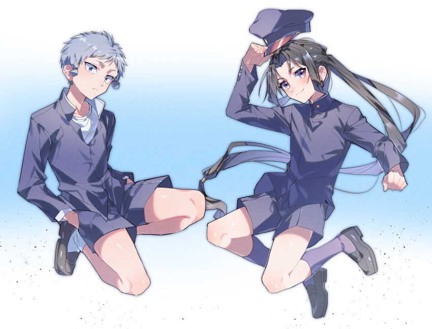 >:), 2boys, :<, ankle_socks, black_footwear, black_shorts, black_socks, blue_background
