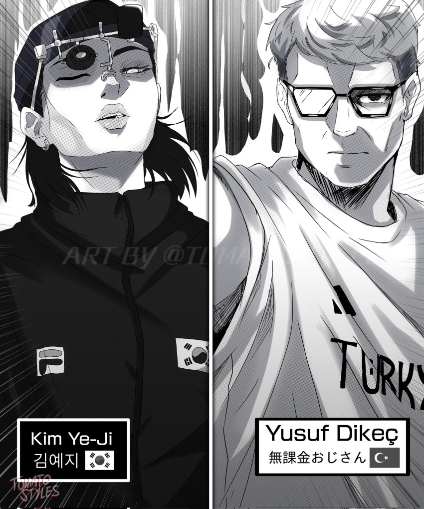 1boy, 1girl, 2024_summer_olympics, artist_name, backwards_hat, baseball_cap, character_name, closed_mouth