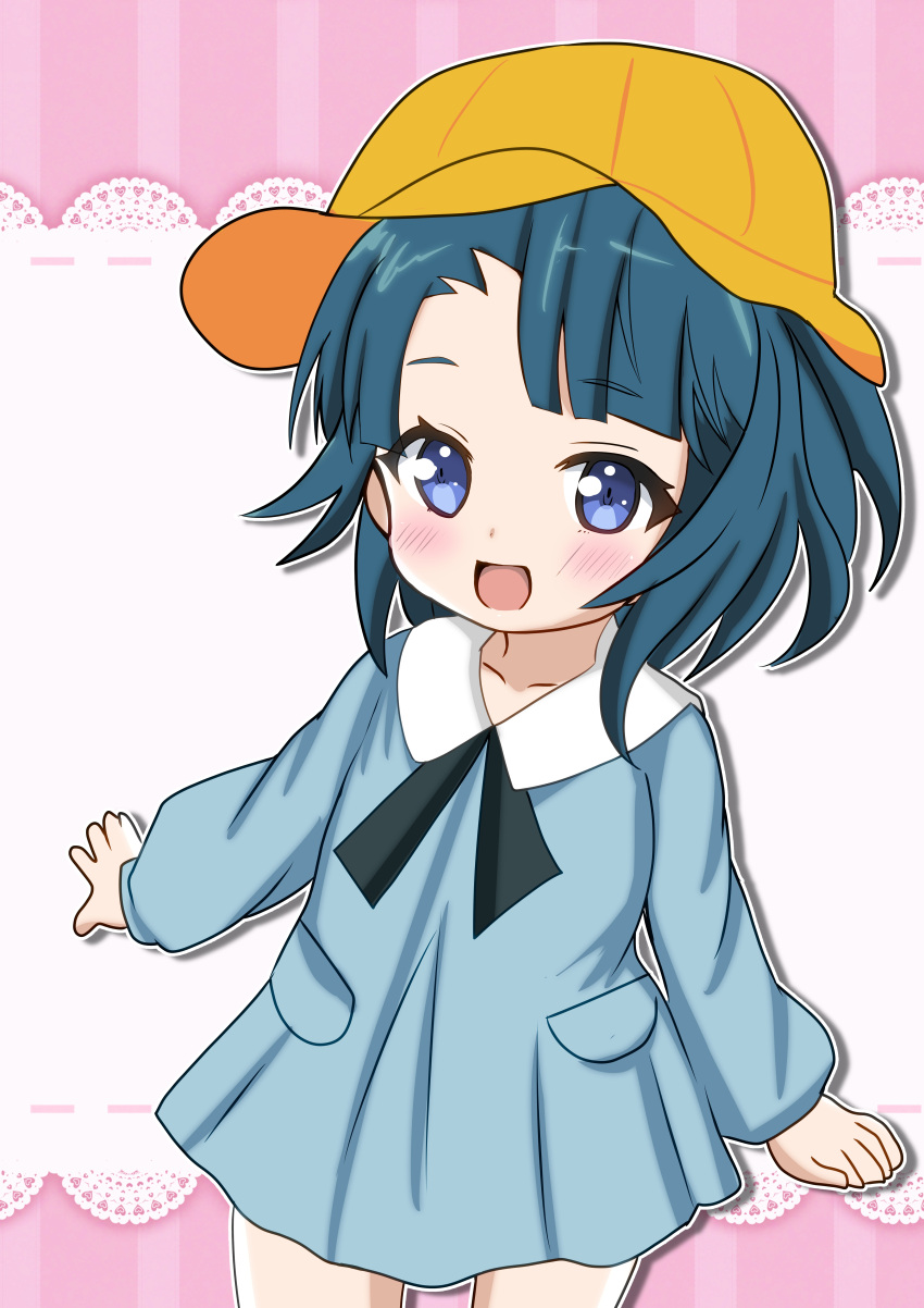 1girl, :d, absurdres, aged_down, aizawa_kazuha, arms_at_sides, assault_lily, asymmetrical_hair, blue_dress, blue_eyes, blue_hair, blush, child, commentary_request, cowboy_shot, dress, ebisu_nobu, hat, highres, lace_background, long_sleeves, looking_at_viewer, medium_hair, official_alternate_costume, open_mouth, pink_background, pocket, school_hat, smile, solo, standing, striped_background, two-tone_background, white_background, yellow_hat