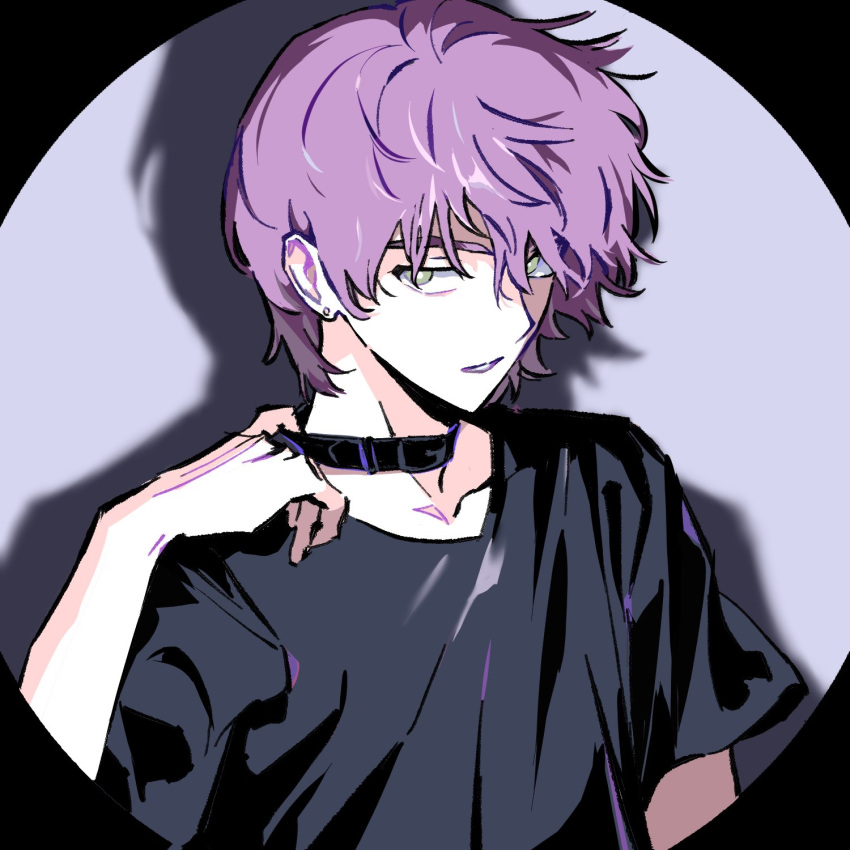 1boy, black_collar, black_shirt, collar, collarbone, expressionless, from_side, green_eyes