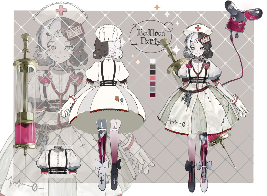 1girl, absurdres, alternate_costume, ankle_bow, asymmetrical_footwear, asymmetrical_legwear, balloon, balloon_party, black_bow, black_footwear, black_hair, border, bow, character_name, closed_mouth, cross, double_bun, dress, facial_mark, forehead_mark, freckles, full_body, gloves, grey_background, grey_eyes, hair_bun, hat, heart_ornament, highres, id_card, intravenous_drip, looking_at_viewer, lune_(illust_lune), medium_dress, mismatched_footwear, mismatched_legwear, multicolored_hair, multiple_views, nurse, nurse_cap, outside_border, pale_skin, puffy_short_sleeves, puffy_sleeves, red_cross, reference_sheet, reverse:1999, short_hair, short_sleeves, smile, sparkle_facial_mark, split-color_hair, standing, stethoscope, straight-on, syringe, turning_around, white_border, white_bow, white_dress, white_footwear, white_gloves, white_hair, zoom_layer