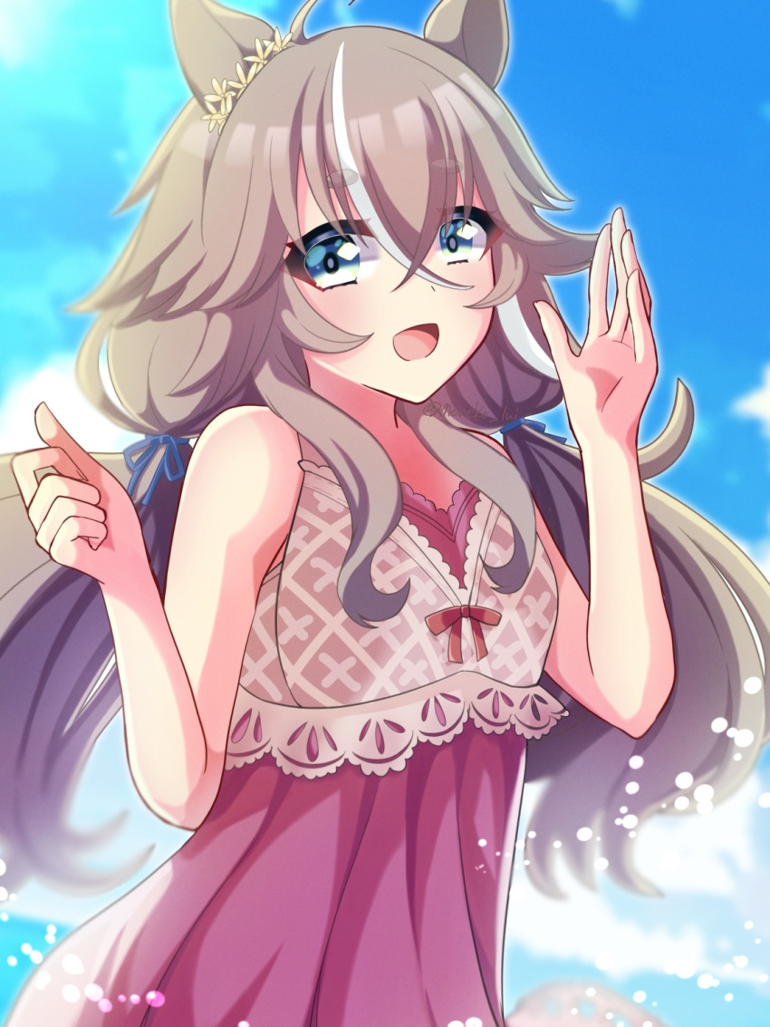 1girl, alternate_costume, alternate_hairstyle, animal_ears, blue_eyes, blurry, blurry_background, blush