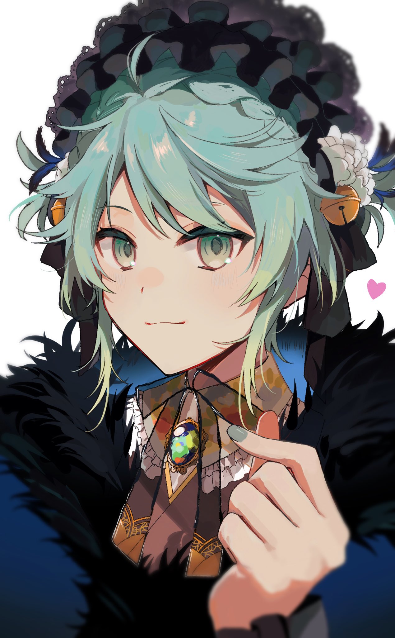 1boy, ahoge, aqua_hair, aqua_nails, black_shawl, commentary, feather-trimmed_shawl, frilled_hairband