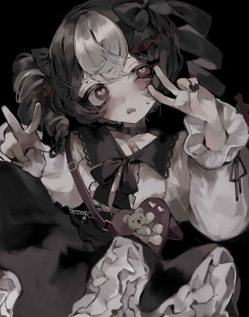 1girl, bag, bandaid, black_background, black_bow, black_hair, black_nails, black_ribbon, bow, choker, commentary, double_v, hair_bow, heart, heart-shaped_bag, heart-shaped_pupils, heart_choker, highres, long_sleeves, manuka_x_x, multicolored_hair, nail_polish, neck_ribbon, open_mouth, original, red_eyes, ribbon, simple_background, solo, symbol-only_commentary, symbol-shaped_pupils, two-tone_hair, v