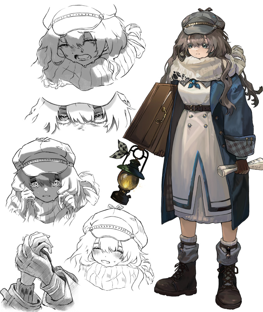 1girl, angry, ankle_boots, blue_coat, blue_eyes, blue_neckerchief, boots, brown_footwear