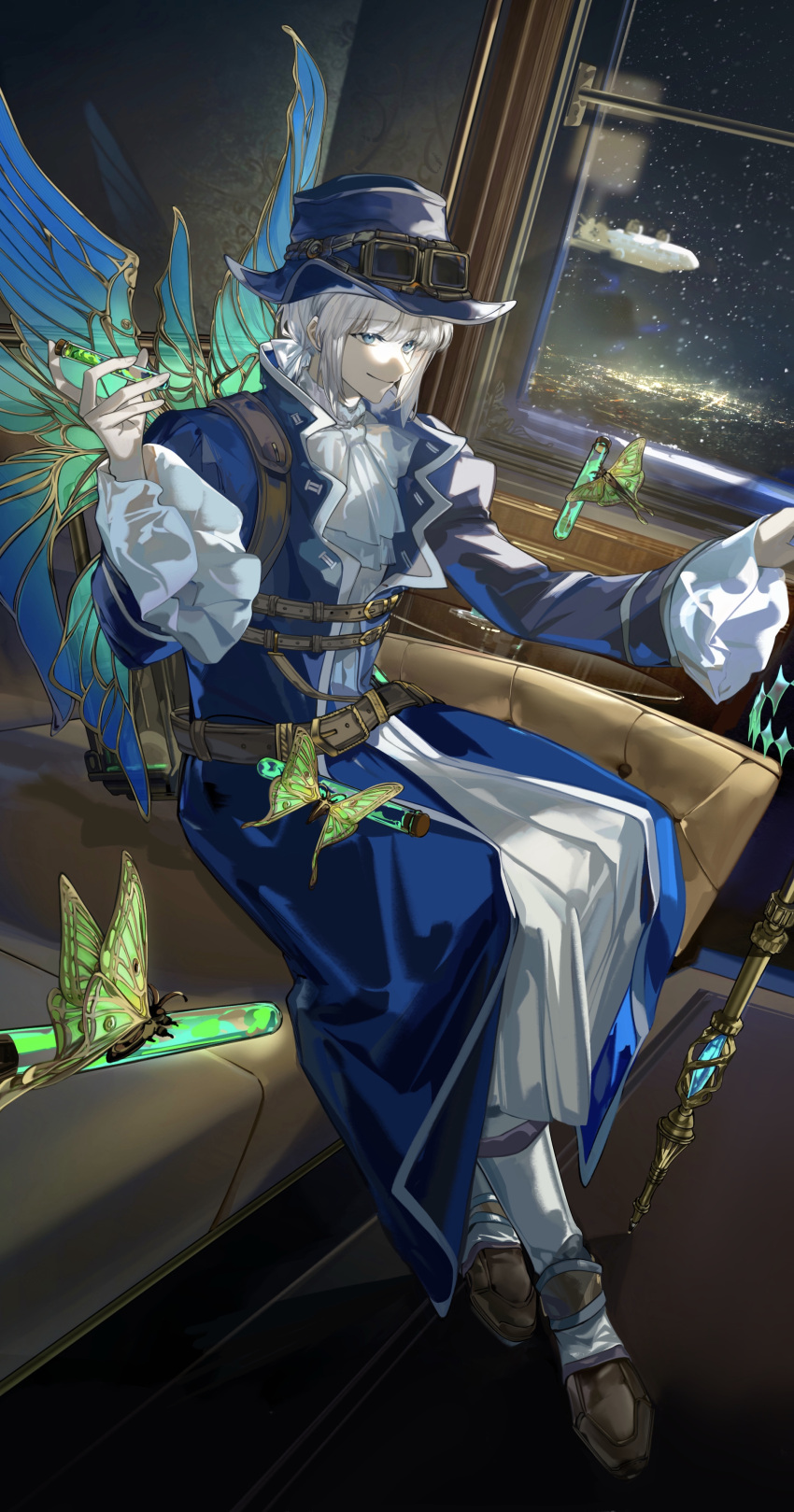 1boy, absurdres, arlizi, arthropod_boy, ascot, belt, blue_coat, blue_eyes, bug, butterfly, coat, fate/grand_order, fate_(series), goggles, goggles_on_headwear, grey_hair, hat, highres, holding, holding_vial, insect_wings, juliet_sleeves, long_sleeves, low_ponytail, male_focus, mechanical_wings, oberon_(fate), oberon_(fgo_fes._2024)_(fate), official_alternate_costume, puffy_sleeves, sitting, smile, solo, staff, steampunk, top_hat, trench_coat, wings