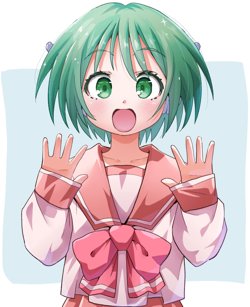 1girl, blue_background, blush, border, bow, bowtie, commentary_request, green_eyes, green_hair, hands_up, highres, kakkuu_(clutch_shot_king), long_sleeves, looking_at_viewer, multi_(to_heart), outside_border, pink_bow, pink_bowtie, pink_sailor_collar, pink_shirt, pink_skirt, robot_ears, sailor_collar, school_uniform, serafuku, shirt, short_hair, simple_background, skirt, sleeves_past_wrists, smile, solo, straight-on, to_heart, to_heart_(series), upper_body, white_border