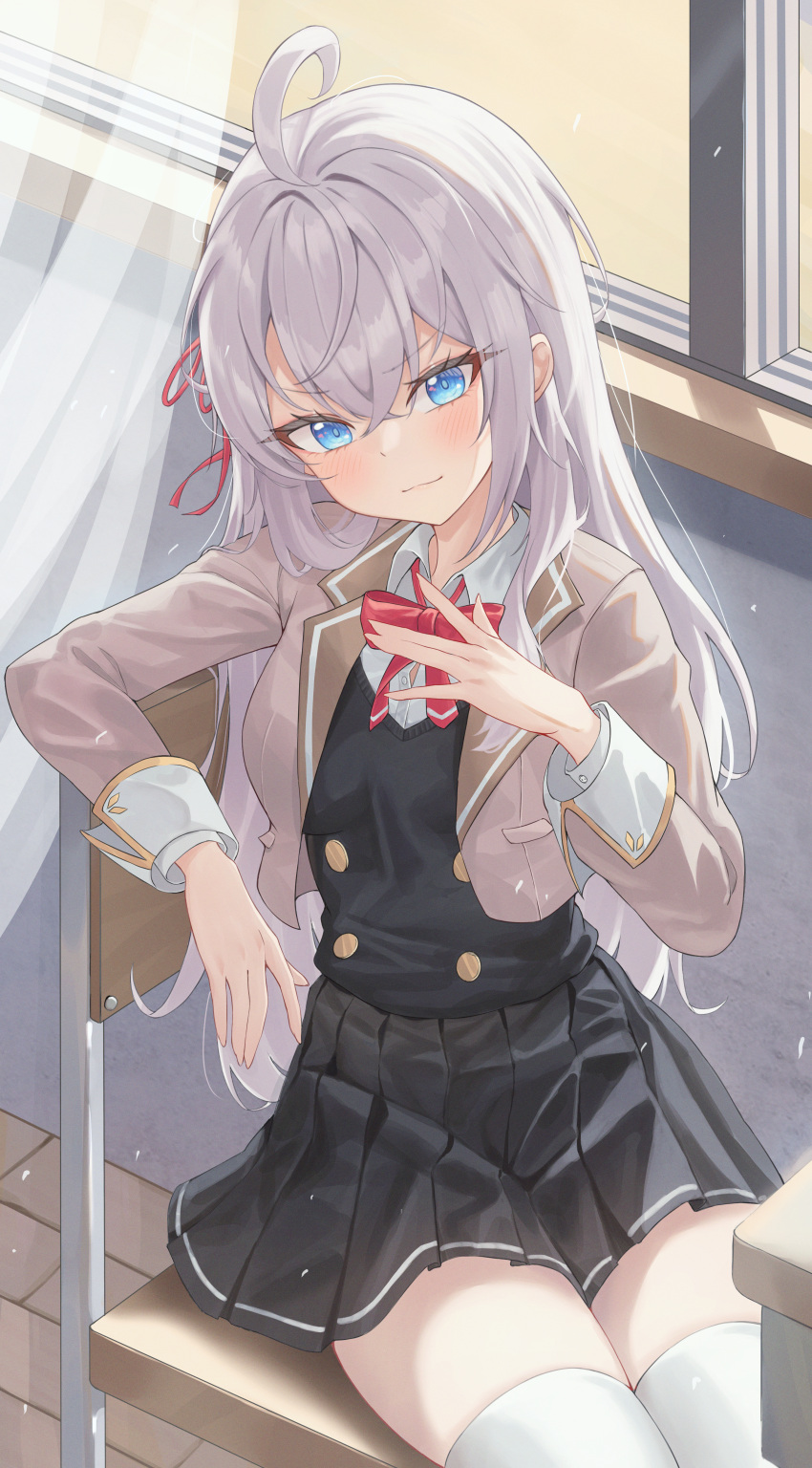 1girl, absurdres, ahoge, alisa_mikhailovna_kujou, black_skirt, black_vest, blazer, blue_eyes, blush, bow, bowtie, breasts, brown_jacket, buttons, chair, closed_mouth, cropped_jacket, crossed_bangs, curtains, desk, double-breasted, grey_hair, hair_between_eyes, hair_ribbon, high-waist_skirt, highres, indoors, jacket, long_hair, long_sleeves, looking_at_viewer, on_chair, red_bow, red_bowtie, red_ribbon, ribbon, school_chair, school_desk, school_uniform, shirt, shj1998z, sitting, skirt, smile, solo, tokidoki_bosotto_roshia-go_de_dereru_tonari_no_alya-san, vest