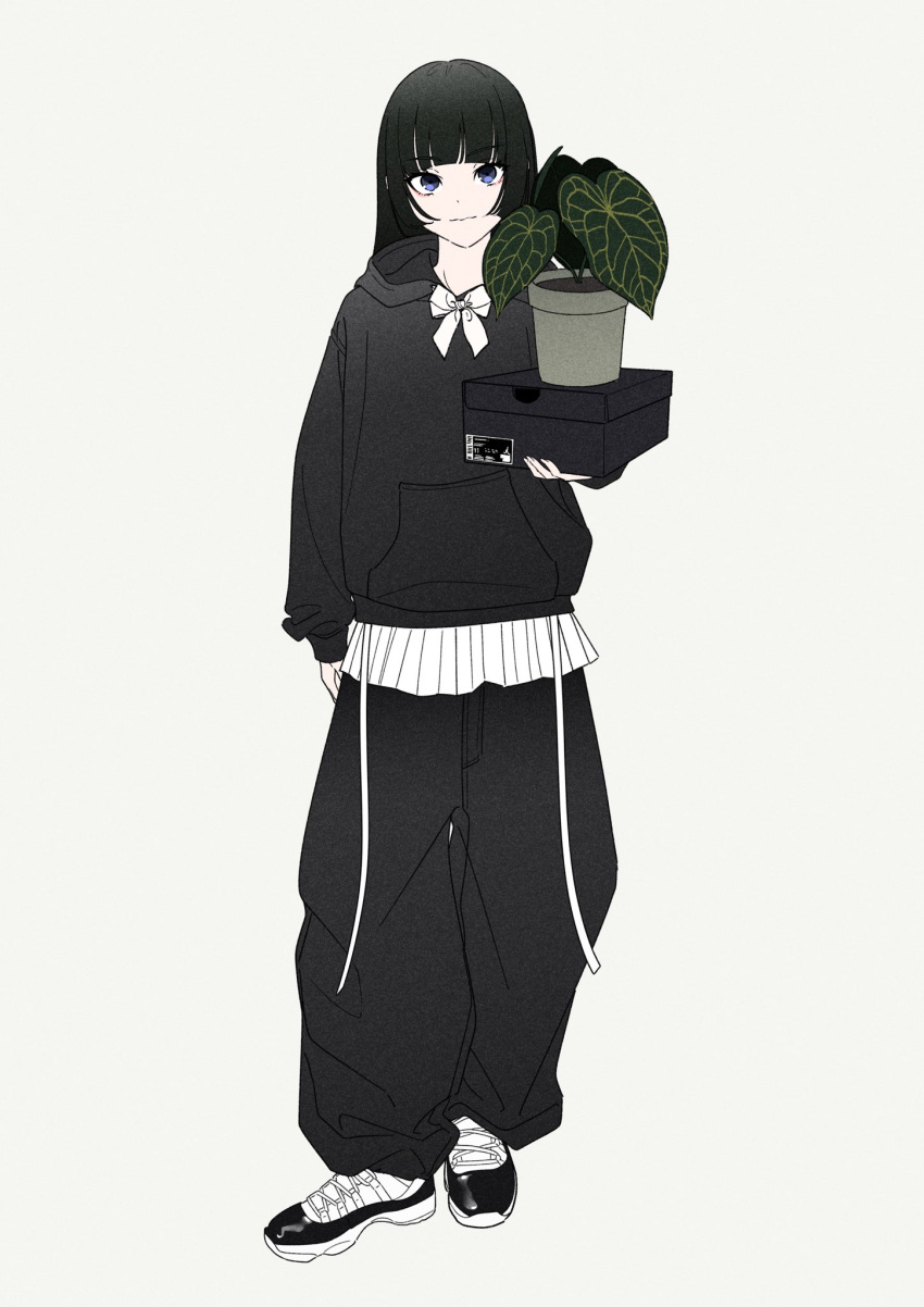 1girl, acubi_tomaranai, baggy_pants, black_hair, black_hoodie, black_pants, blue_eyes, blunt_bangs