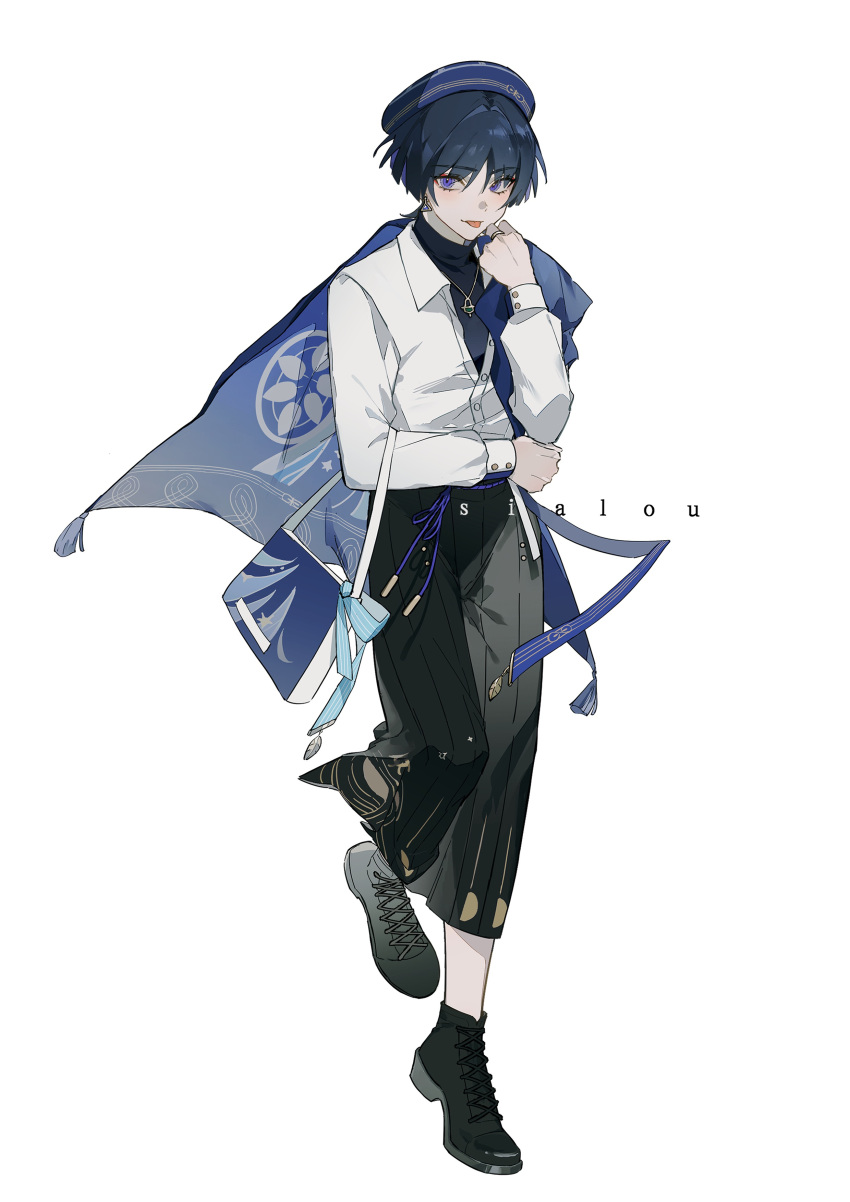 1boy, :p, absurdres, artist_name, bag, beret, bishounen, black_footwear, black_pants, collared_shirt, cross-laced_footwear, dress_shirt, earrings, elbow_on_own_hand, full_body, genshin_impact, hakama, hakama_pants, hand_on_own_opposite_hip, hand_up, handbag, hat, high_tops, highres, japanese_clothes, jewelry, knee_up, long_sleeves, male_focus, necklace, pants, partially_unbuttoned, ring, scaramouche_(genshin_impact), shirt, shoes, sialou, side_cape, sideways_glance, simple_background, sleeve_cuffs, sneakers, solo, standing, standing_on_one_leg, tachi-e, three_quarter_view, tongue, tongue_out, turtleneck, wanderer_(genshin_impact), wanderer_(wanderer_impression)_(genshin_impact), watermark, white_background, wind, wing_collar