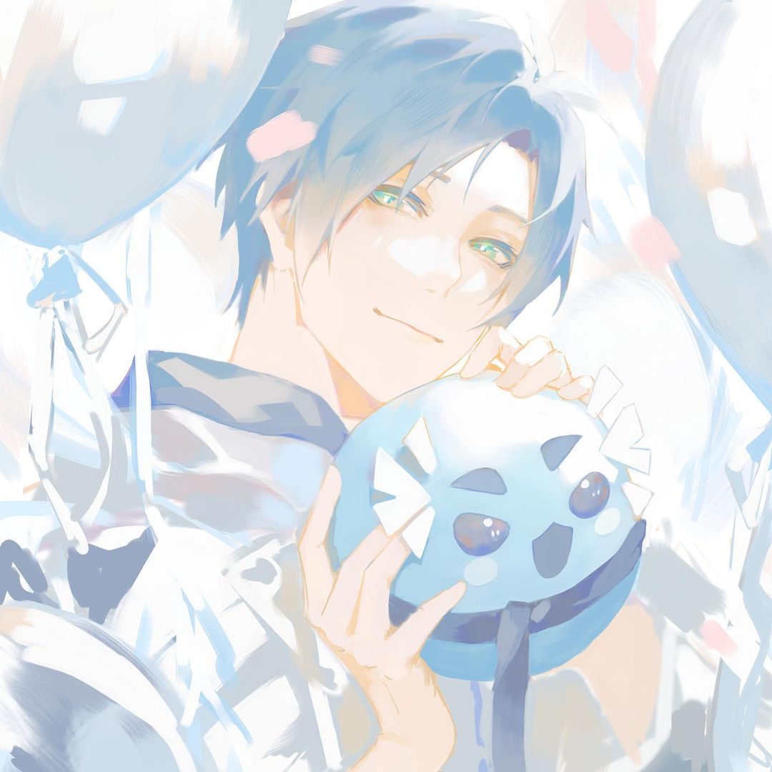 1boy, altventurer_(regis_altare), balloon, blue_hair, closed_mouth, creature, curtained_hair, english_commentary