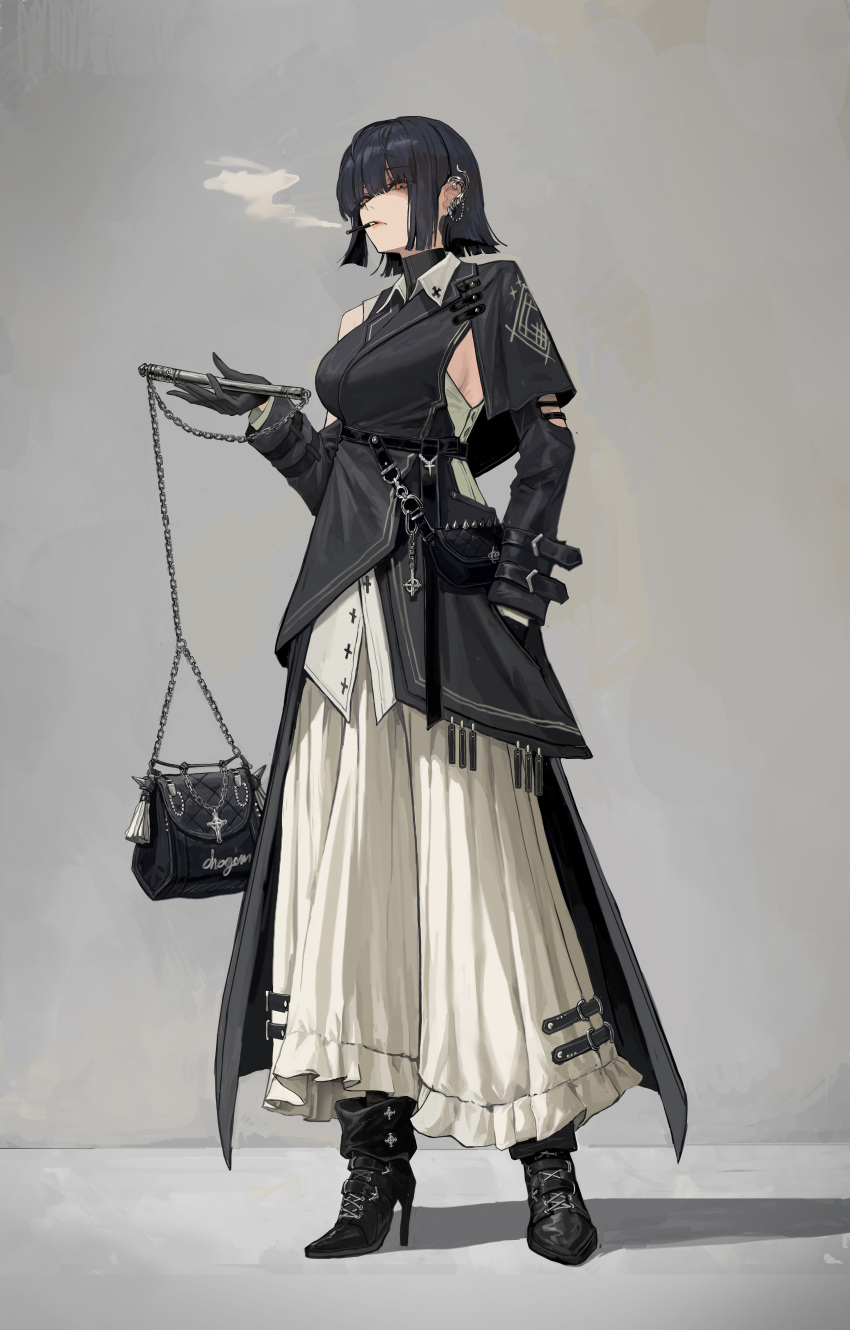 1girl, absurdres, artist_name, bag, black_footwear, black_hair, blunt_ends, bob_cut, breasts, brown_eyes, chain, cho_gum, cigarette, clothing_cutout, earclip, fashion, full_body, grey_background, hand_in_pocket, handbag, high_heels, highres, holding, lips, long_skirt, original, sideboob, single_bare_shoulder, skirt, smoke, smoking, solo, standing, strap, tailcoat, white_skirt, wing_collar