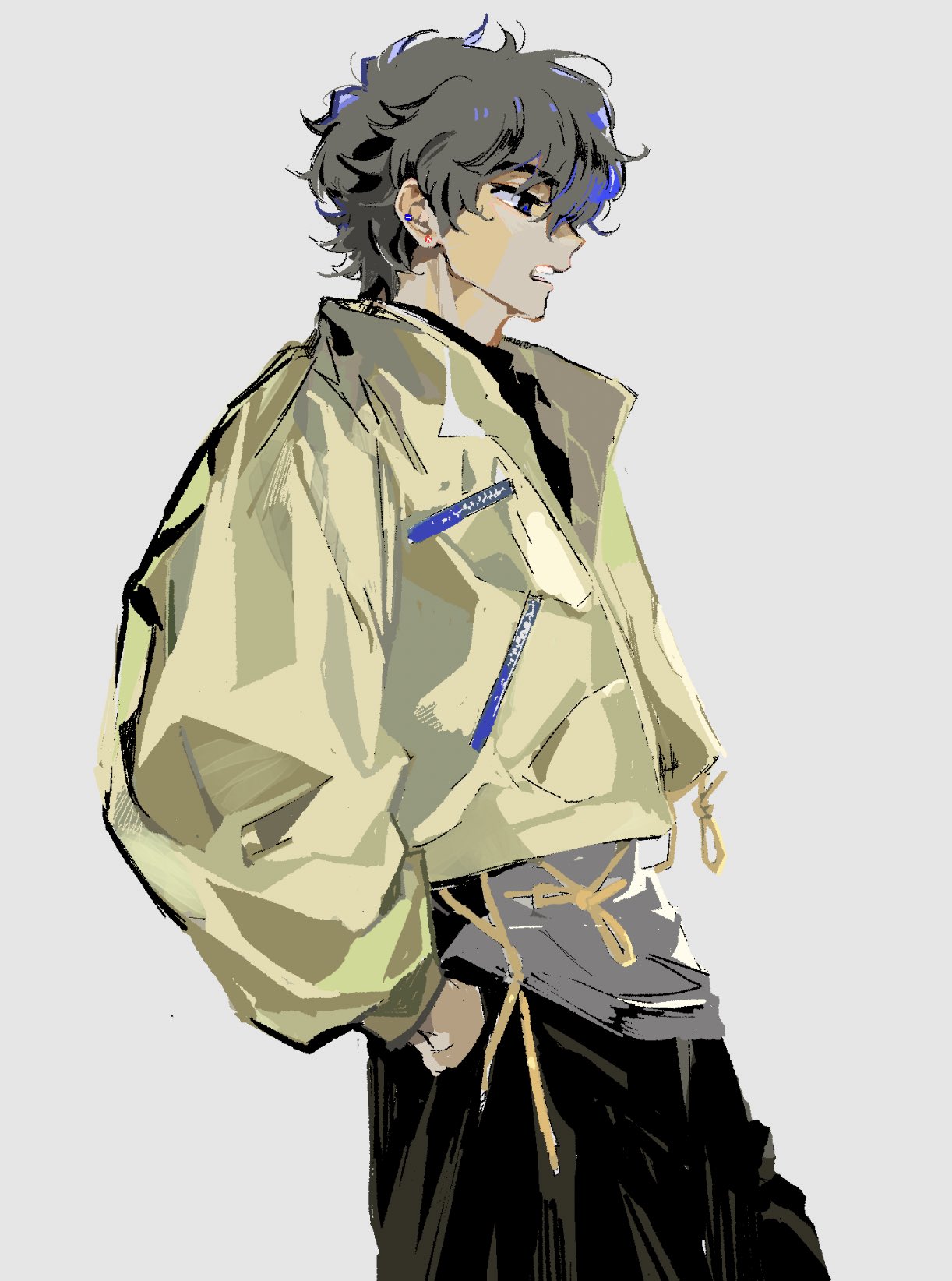 1boy, black_pants, blue_eyes, cowboy_shot, curly_hair, ear_piercing, from_side, grey_background