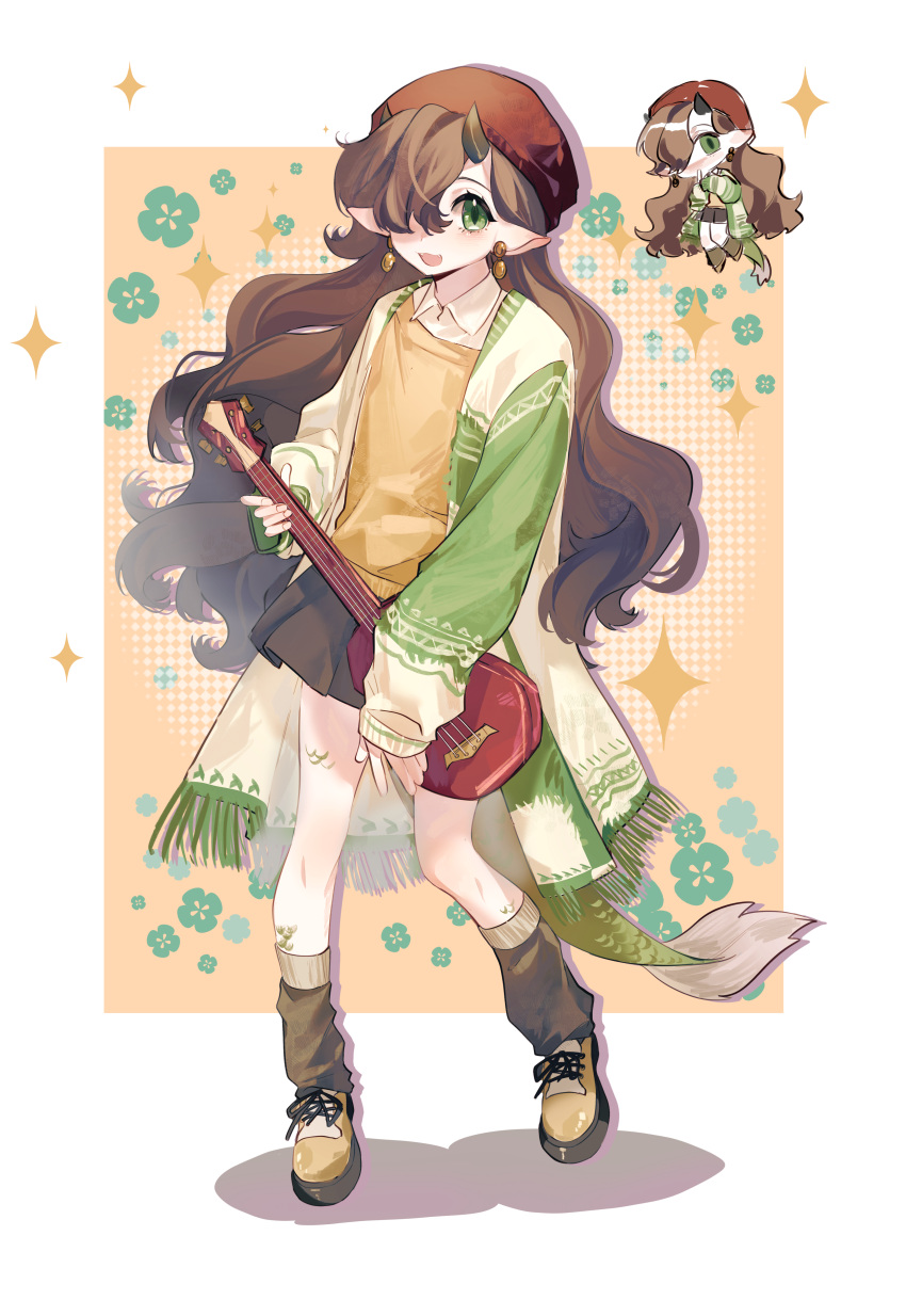 1girl, absurdres, beanie, border, brown_hair, brown_skirt, chibi, chibi_inset