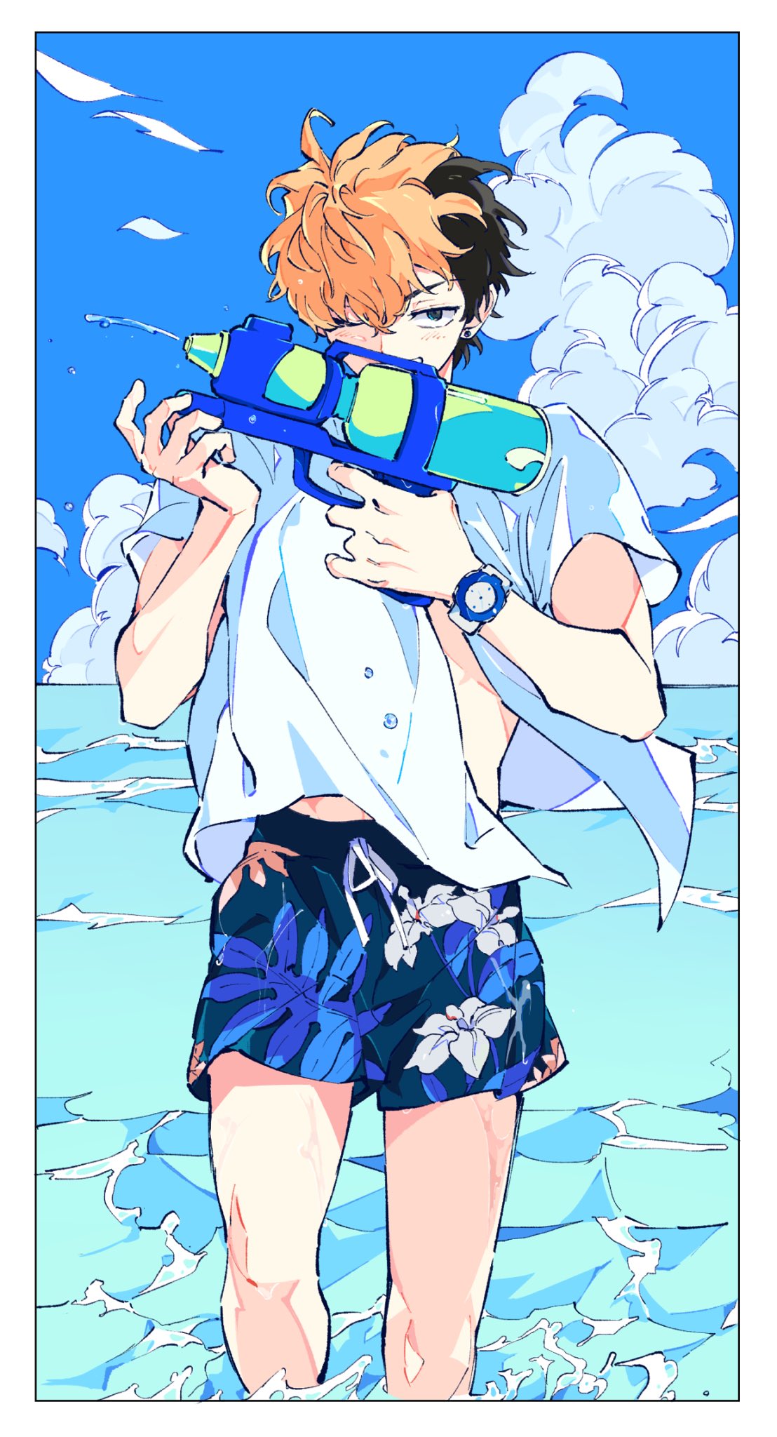 1boy, black_eyes, black_hair, blonde_hair, blue_male_swimwear, blue_sky, clouds, cloudy_sky