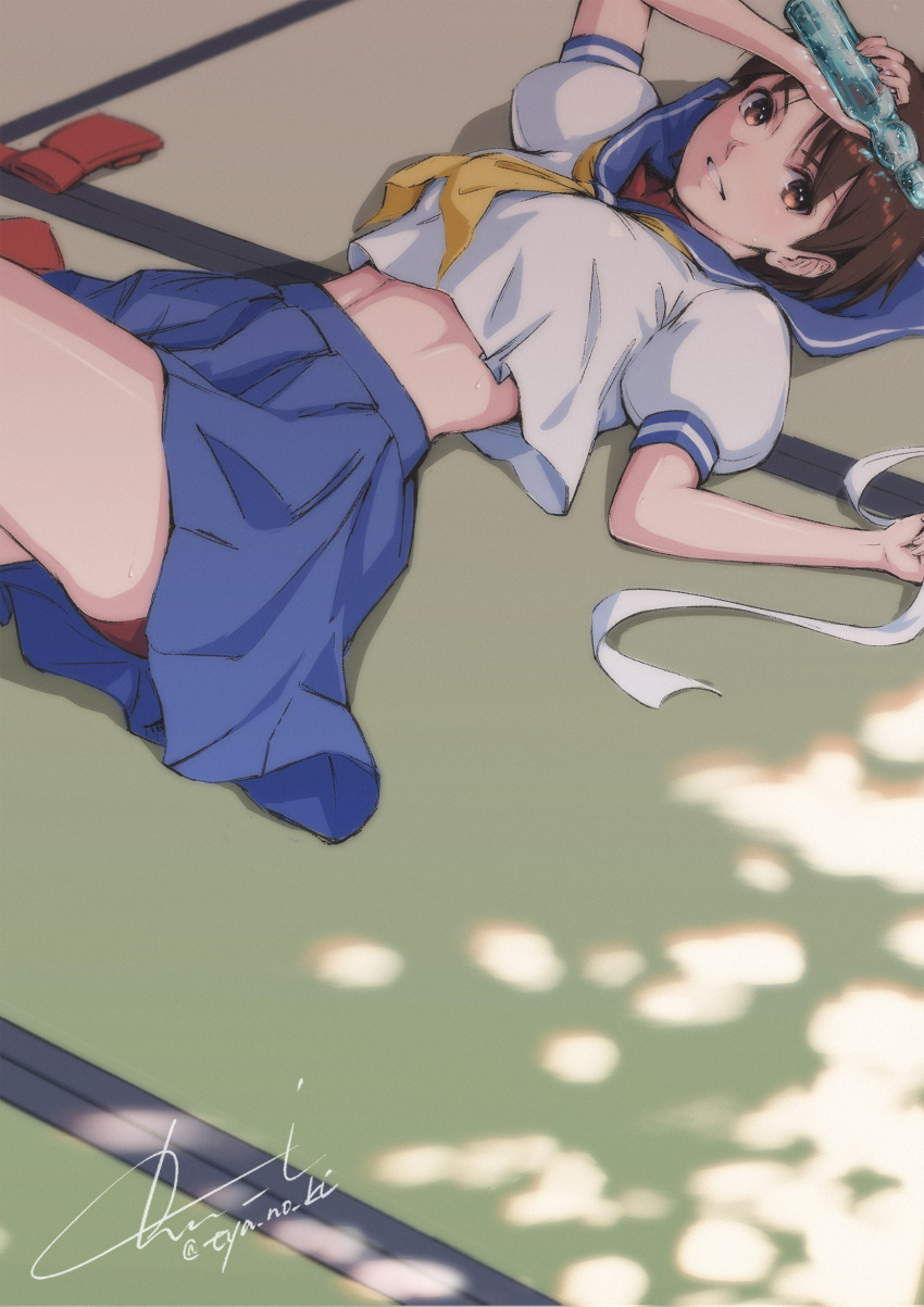 1girl, absurdres, artist_name, blue_skirt, bottle, breasts, brown_eyes, brown_hair