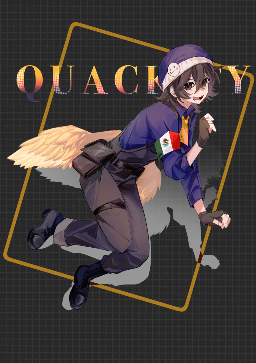 1boy, absurdres, animification, beanie, bird_boy, bird_wings, bishounen, black_hair, character_name, chinese_commentary, commentary_request, duck_boy, duck_wings, english_text, fingerless_gloves, gloves, grey_eyes, grid_background, hat, highres, looking_at_viewer, low_wings, male_focus, medium_hair, mexican_flag, minecraft_youtube, open_mouth, overalls, quackity, quackity_smp, shadow, shoes, smile, solo, wings, wumingshi16034