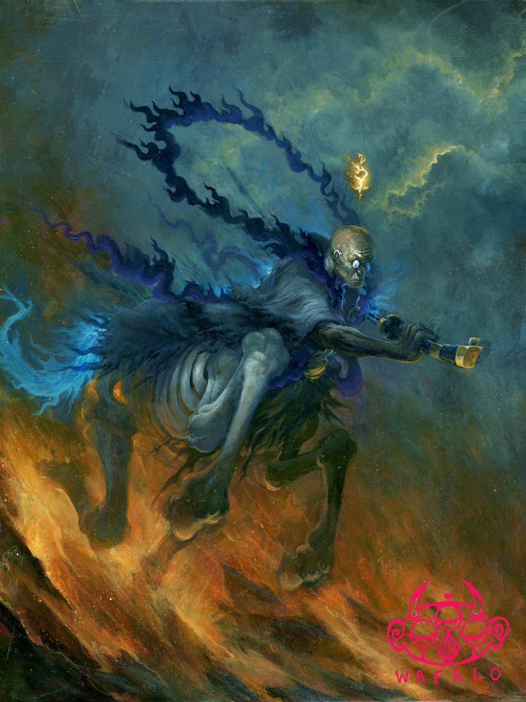 1boy, acrylic_paint_(medium), artist_logo, bakotsu_(youkai), bald, centaur, ethan-baron_v._nusjuro, full_body, glasses, hagoromo, highres, holding, holding_sword, holding_weapon, male_focus, monster_boy, old, old_man, one_piece, painting_(medium), robe, running, shawl, skeleton, solo_focus, sword, taur, traditional_media, wafalo, weapon, white_robe, wrinkled_skin