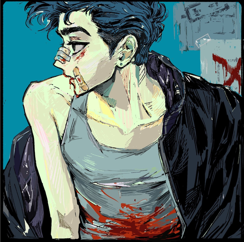 1boy, bandaid, bandaid_on_face, black_eyes, black_jacket, blood, blood_on_clothes, blood_on_face