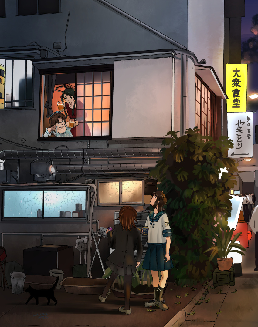 4girls, absurdres, akigumo_(comiket_mode)_(kancolle), akigumo_(kancolle), alcohol, beer, beer_mug, black_cat, black_hair, black_jacket, black_pantyhose, black_skirt, blazer, blue_sailor_collar, blue_shirt, blue_skirt, brown_hair, cat, commentary_request, cup, dress, highres, house, jacket, kantai_collection, kuragare, mikuma_(kancolle), miyuki_(kancolle), mug, multiple_girls, night, official_alternate_costume, pantyhose, pleated_skirt, ponytail, red_dress, sailor_collar, sailor_shirt, school_uniform, serafuku, shirt, short_hair, sign, skirt, translation_request, twintails, wakaba_(kancolle), window