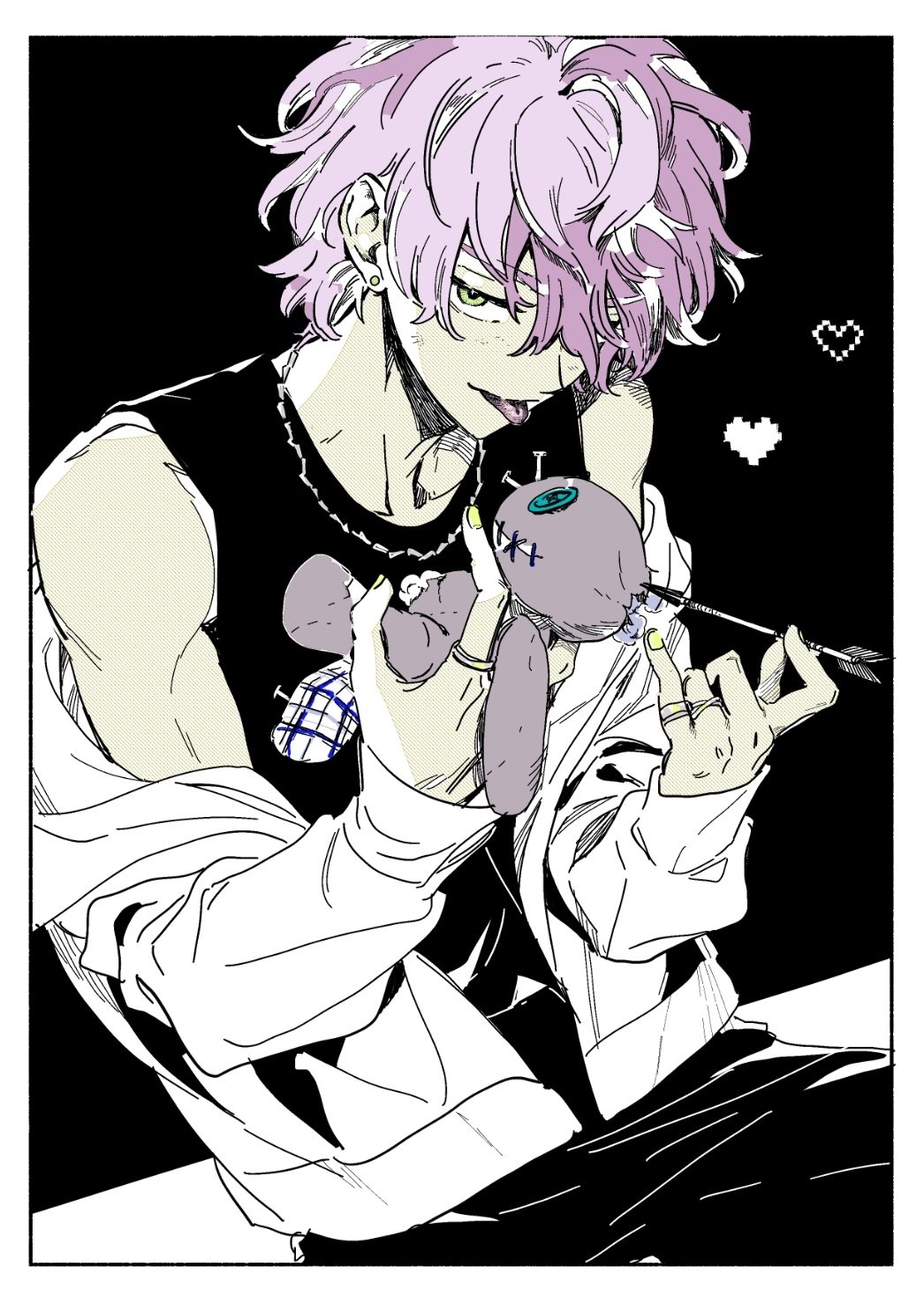 1boy, bare_shoulders, black_background, black_pants, black_tank_top, collarbone, ear_piercing, green_eyes, hair_over_one_eye, head_down, heart, highres, holding, holding_stuffed_toy, jacket, jaemin107, jewelry, leaning_forward, looking_at_viewer, male_focus, medium_hair, nail_polish, one_eye_covered, open_clothes, open_jacket, original, pants, piercing, purple_hair, ring, simple_background, sitting, solo, stuffed_toy, tank_top, tongue, tongue_out, upper_body, wavy_hair, white_jacket, yellow_nails