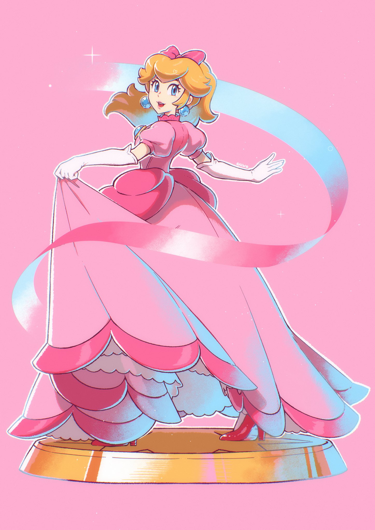 1girl, blonde_hair, blue_eyes, bow, dress, earrings, elbow_gloves, gloves, hair_bow, high_heels, highres, holding, holding_clothes, holding_dress, jewelry, long_dress, long_hair, looking_at_viewer, official_alternate_costume, pink_background, pink_bow, pink_dress, pink_footwear, pink_ribbon, pink_theme, ponytail, princess_peach, princess_peach:_showtime!, puffy_short_sleeves, puffy_sleeves, ribbon, saiwo_(saiwoproject), short_sleeves, simple_background, solo, sphere_earrings, super_mario_bros., white_gloves