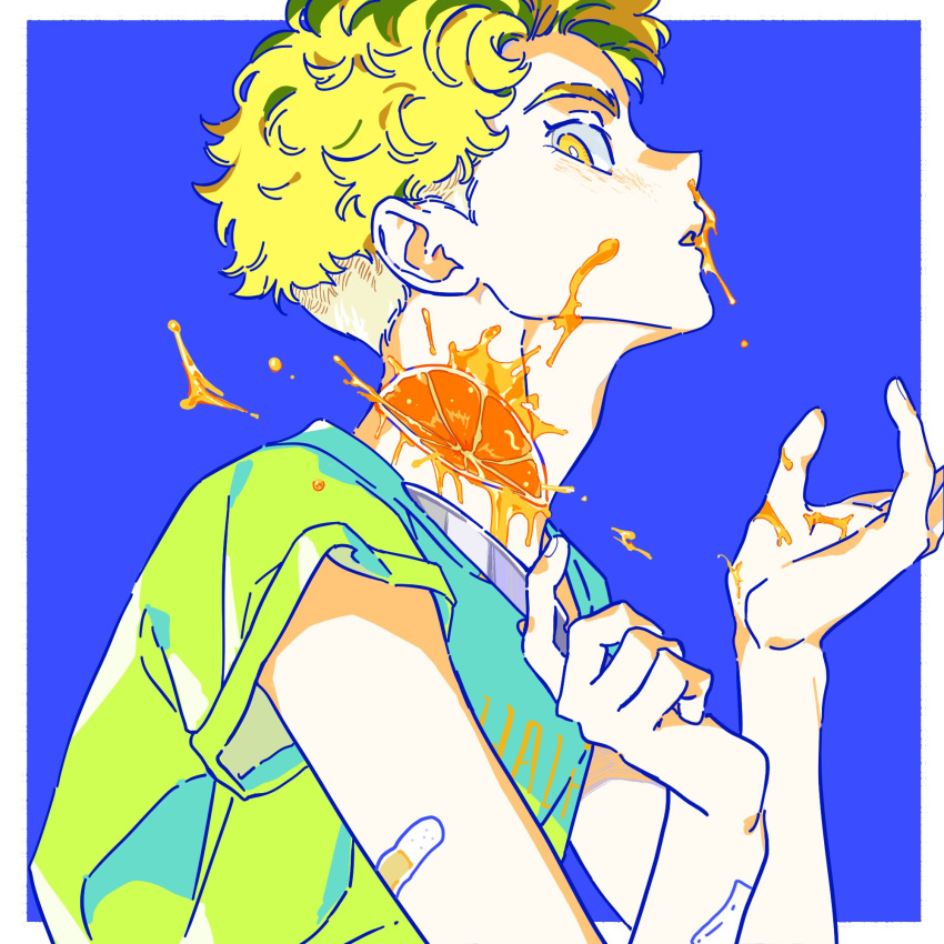 1boy, bandaid, bandaid_on_arm, blonde_hair, blood, blood_on_cheek, blood_on_hands, blue_background