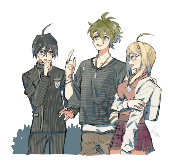 1girl, 2boys, ahoge, akamatsu_kaede, amami_rantaro, antenna_hair, backpack, bag