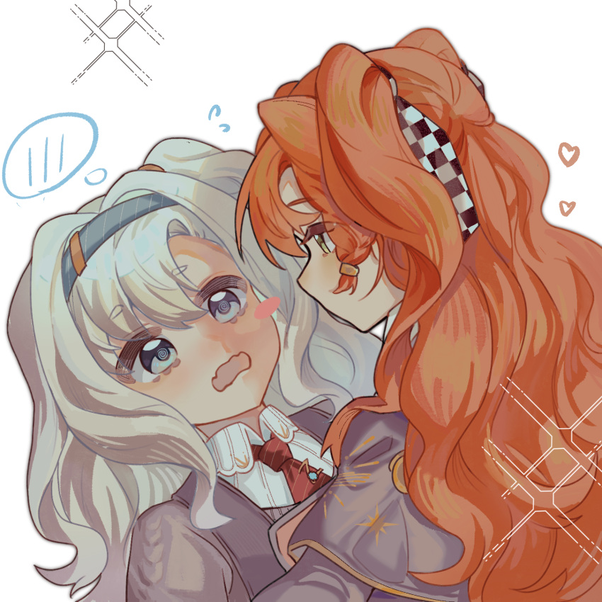 2girls, @_@, blush_stickers, chenyv0126, face-to-face, fangs, flying_sweatdrops, from_behind, grey_jacket, highres, jacket, matilda_bouanich, multiple_girls, necktie, open_mouth, portrait, red_necktie, reverse:1999, single_blush_sticker, skin_fangs, sonetto_(reverse:1999), spoken_blush, wavy_mouth, yuri